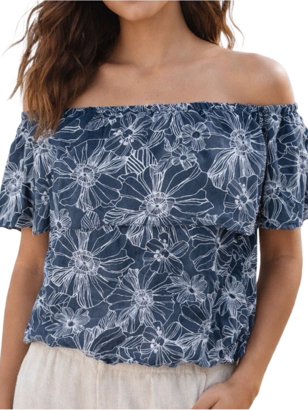 unsubscribed 100% Silk Gray Floral Off-the-Shoulder Ruffle Top - Size Small